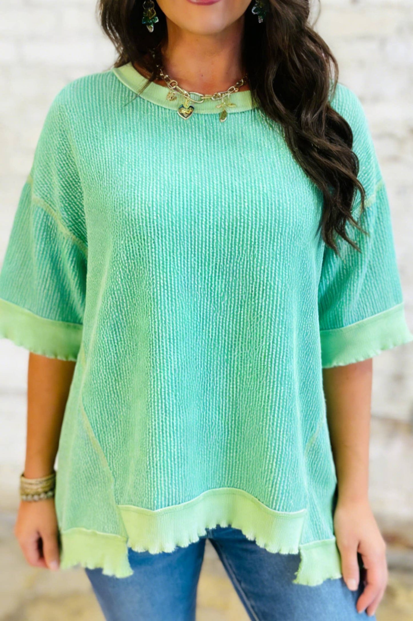 66 Sweetheart Hot Pink Lucky Distressed Knit Top (S-XL)