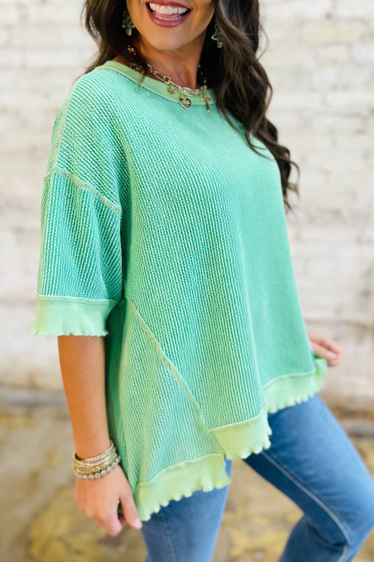66 Sweetheart Hot Pink Lucky Distressed Knit Top (S-XL)