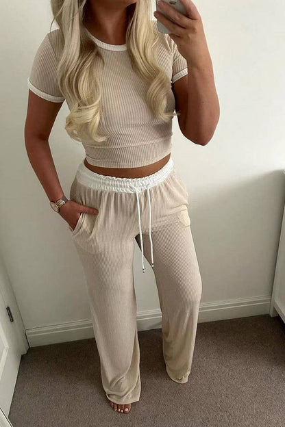 CROP TOP & DRAWSTRING WIDE LEG PANTS (2 PIECE SET)