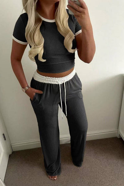 CROP TOP & DRAWSTRING WIDE LEG PANTS (2 PIECE SET)