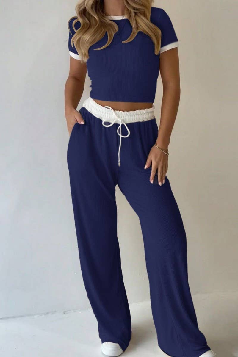 CWSTB01458_CROP TOP DRAWSTRING WIDE LEG PANTS 2 PIECE SET