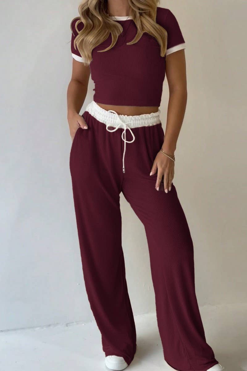 CWSTB01458_CROP TOP DRAWSTRING WIDE LEG PANTS 2 PIECE SET